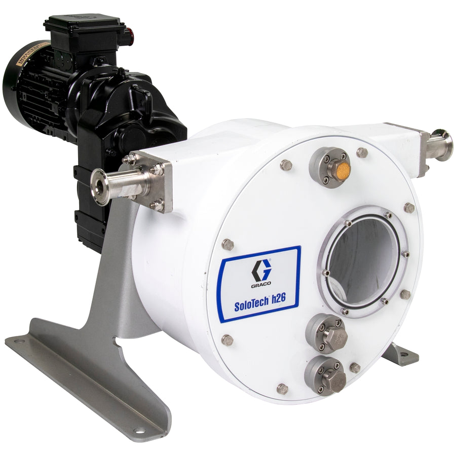 Graco SoloTech™ h26 Peristaltic Pump, 0.3 hp AC motor with low-speed gear reducer, .23-.1.4 gpm, FDA Nitrile Hose, SST Sanitary Clamp Barb (19D098)