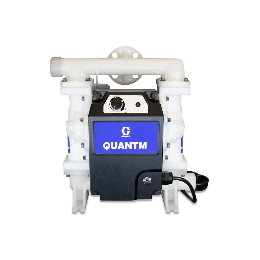 Graco QUANTM i30 Polypropylene Electric Diaphragm Pump, 1" Center Flange, 100-120VAC 1Ph, Black Powder Coated Aluminum Center, Polypropylene Seat, PTFE Ball, Overmolded PTFE Diaphragm (EPDM Back), PTFE Manifold Seals (TE30-0121)